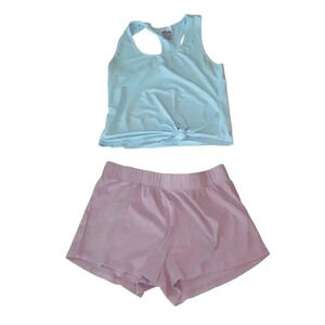 Zyia Activewear Set: Light Blue Racerback Tank Top & Pink Elastic Waist Shorts M